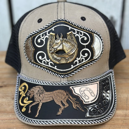 Beige and Black Western Cap with Horse and Horseshoe - Mexican Handcrafted Caps