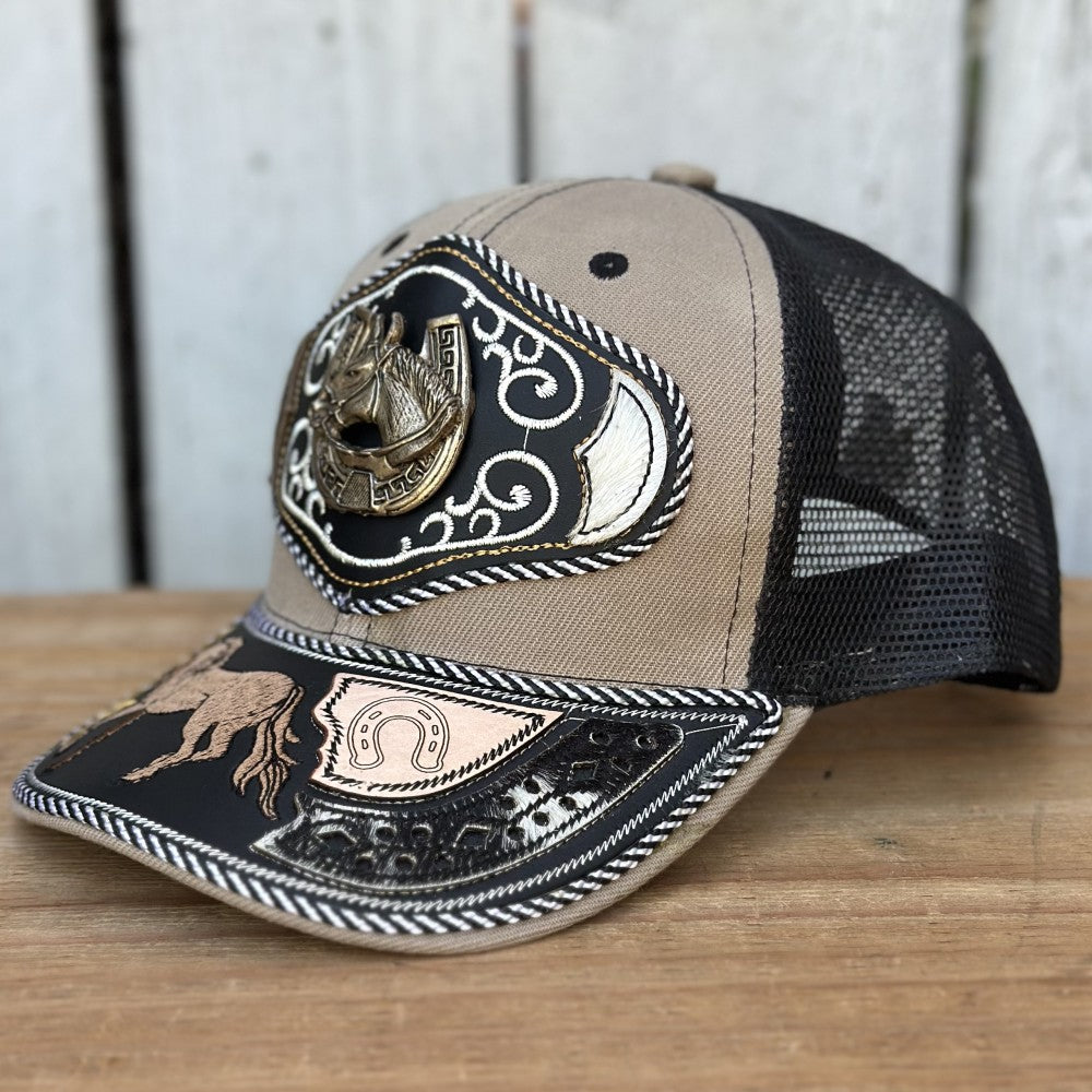 Beige and Black Western Cap with Horse and Horseshoe - Mexican Handcrafted Caps