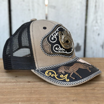 Beige and Black Western Cap with Horse and Horseshoe - Mexican Handcrafted Caps