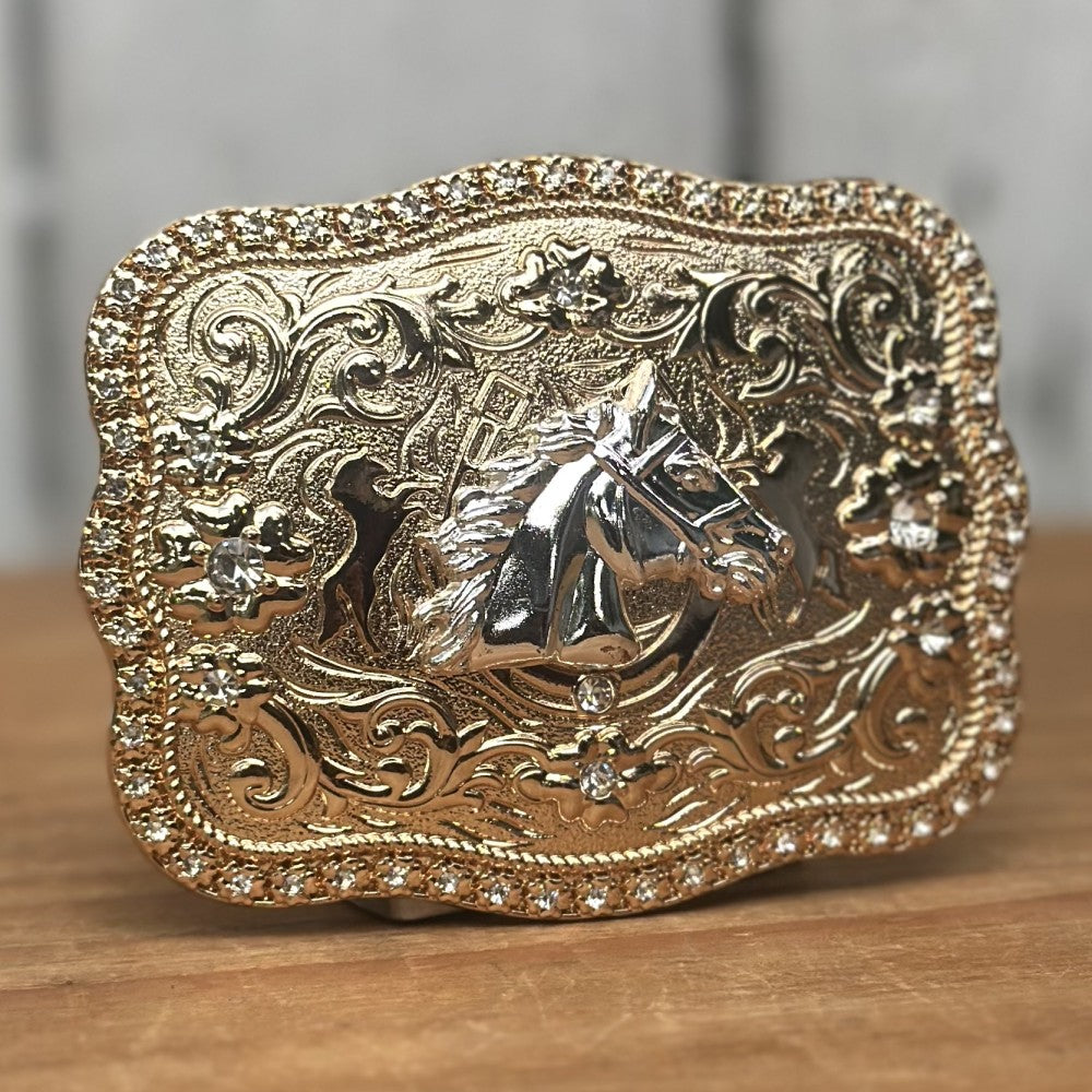 Hebilla Vaquera Dorada con Cabeza de Caballo Plateada CB-05 - Hebillas Vaqueras para Hombre (3)