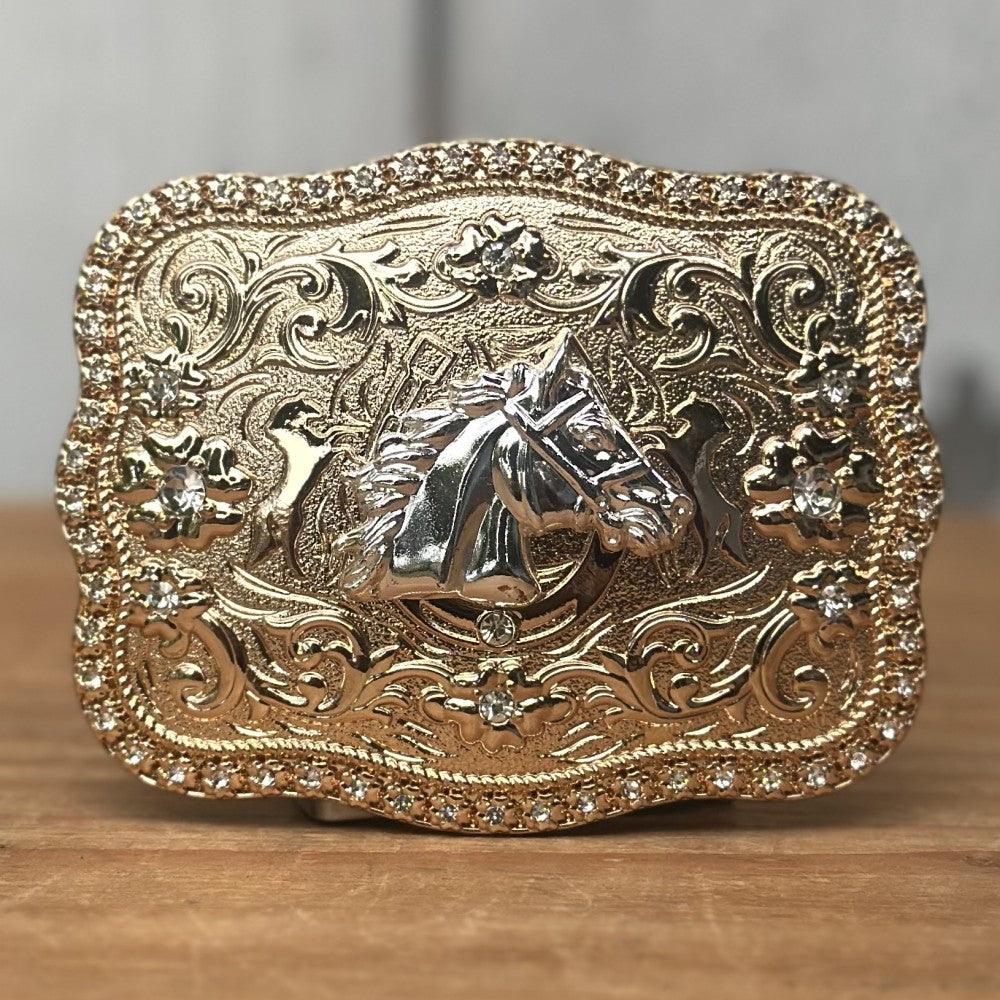 Hebilla Vaquera Dorada con Cabeza de Caballo Plateada CB-05 - Hebillas Vaqueras para Hombre (1)