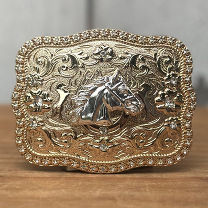 Hebilla Vaquera Dorada con Cabeza de Caballo Plateada CB-05 - Hebillas Vaqueras para Hombre (1)