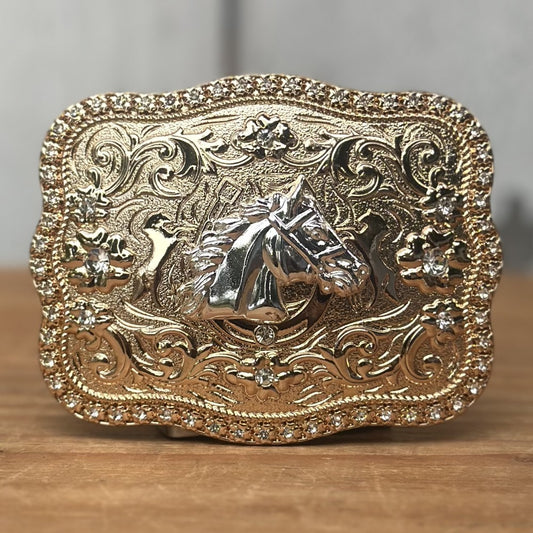 Hebilla Vaquera Dorada con Cabeza de Caballo Plateada CB-05 - Hebillas Vaqueras para Hombre (1)