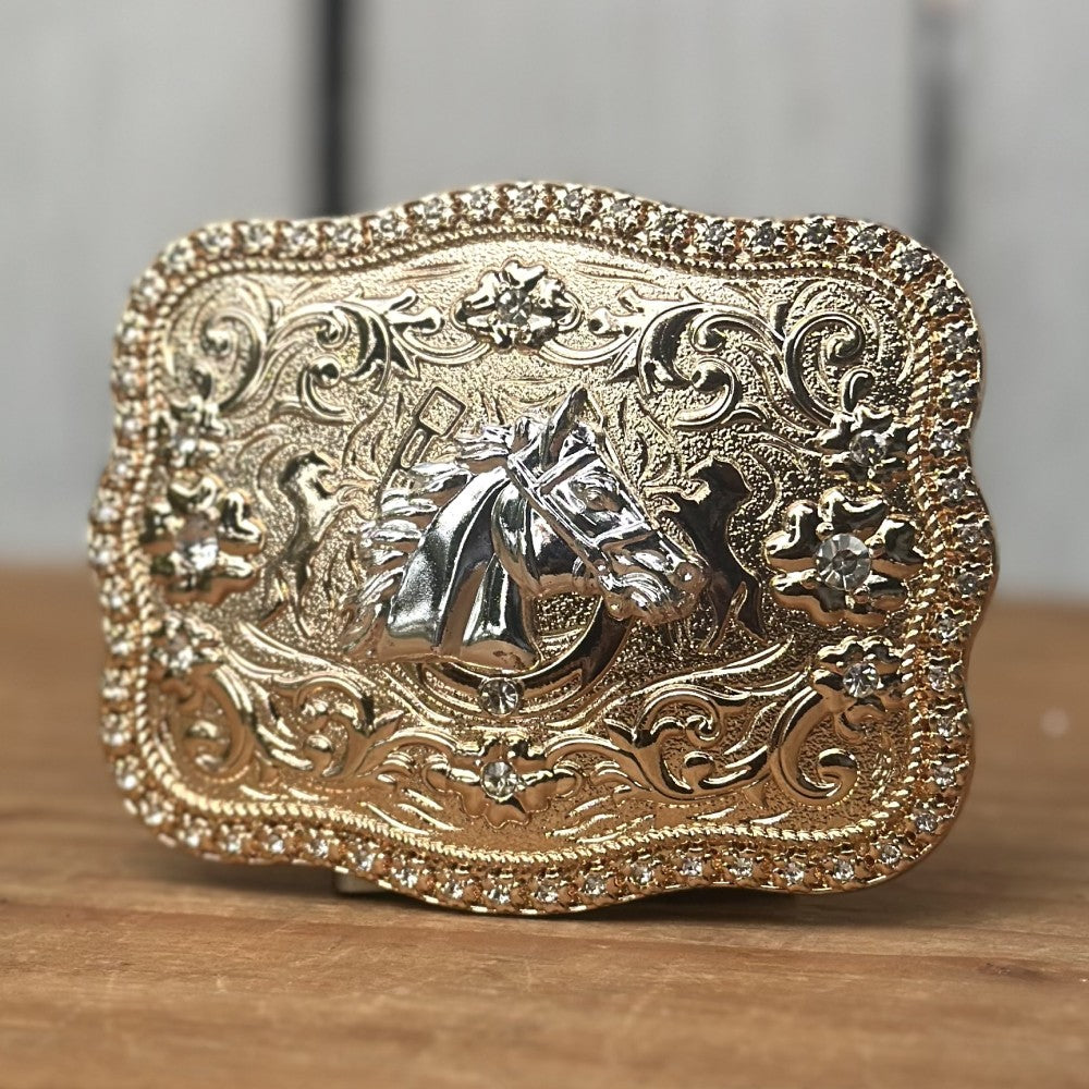 Hebilla Vaquera Dorada con Cabeza de Caballo Plateada CB-05 - Hebillas Vaqueras para Hombre (2)