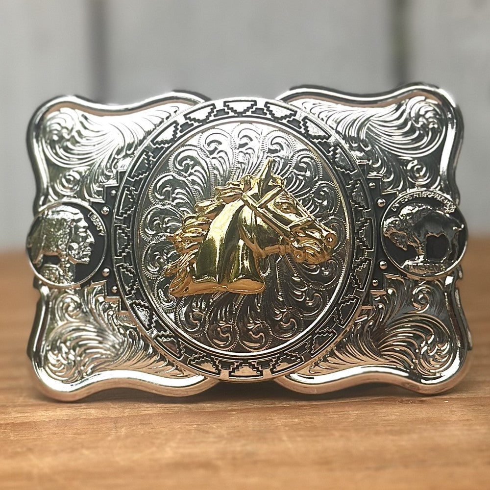 Hebilla Vaquera Plateada con Cabeza de Caballo Dorada CB-01 - Hebillas Vaqueras para Hombre