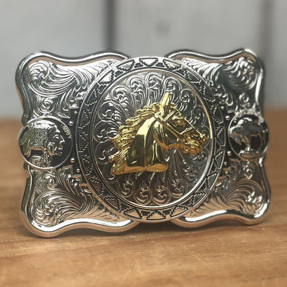 Hebilla Vaquera Plateada con Cabeza de Caballo Dorada CB-01 - Hebillas Vaqueras para Hombre (3)