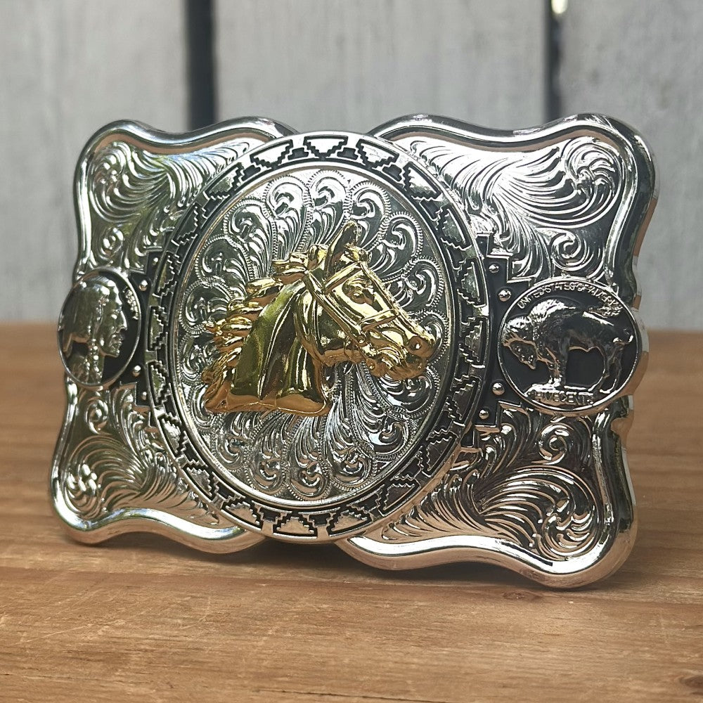 Hebilla Vaquera Plateada con Cabeza de Caballo Dorada CB-01 - Hebillas Vaqueras para Hombre (2)
