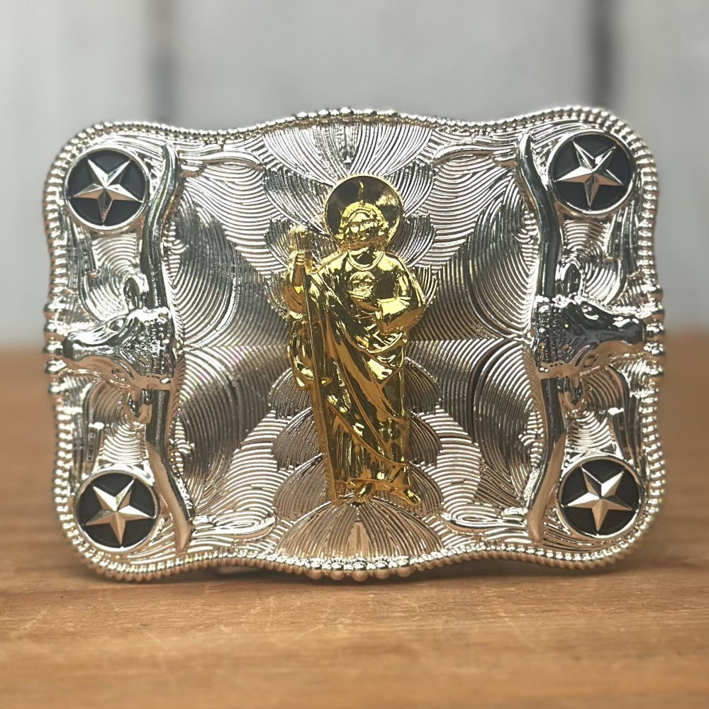 Hebilla Vaquera Plateada con San Judas Dorado CB-03- Hebillas Vaqueras para Hombre
