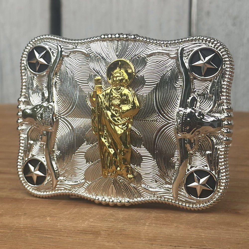 Hebilla Vaquera Plateada con San Judas Dorado CB-03- Hebillas Vaqueras para Hombre (3)