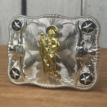 Hebilla Vaquera Plateada con San Judas Dorado CB-03- Hebillas Vaqueras para Hombre (3)