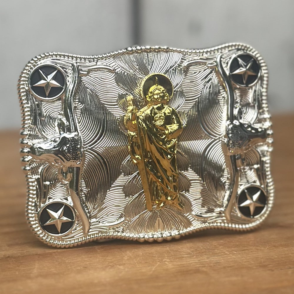 Hebilla Vaquera Plateada con San Judas Dorado CB-03- Hebillas Vaqueras para Hombre (2)