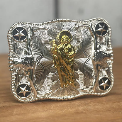 Hebilla Vaquera Plateada con San Judas Dorado CB-03- Hebillas Vaqueras para Hombre (2)