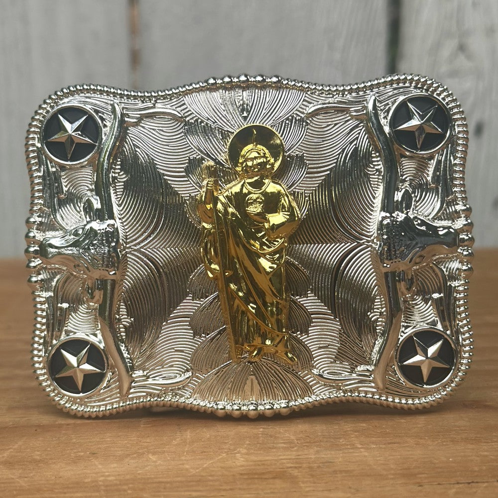 Hebilla Vaquera Plateada con San Judas Dorado CB-03- Hebillas Vaqueras para Hombre (4)