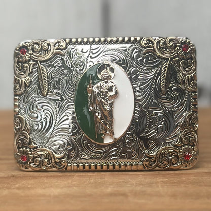 Hebilla Vaquera Plateada con San Judas en el Centro Verde y Blanco CB-04 - Hebillas Vaqueras para Hombre (5)