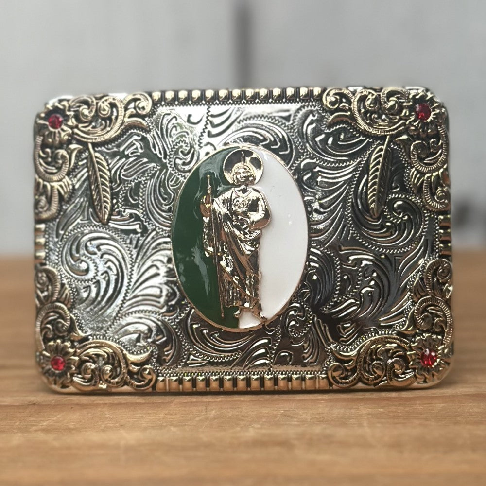 Hebilla Vaquera Plateada con San Judas en el Centro Verde y Blanco CB-04 - Hebillas Vaqueras para Hombre