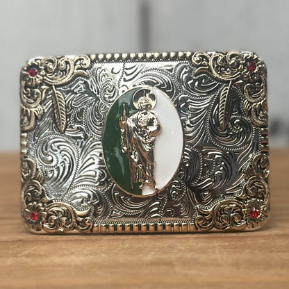 Hebilla Vaquera Plateada con San Judas en el Centro Verde y Blanco CB-04 - Hebillas Vaqueras para Hombre