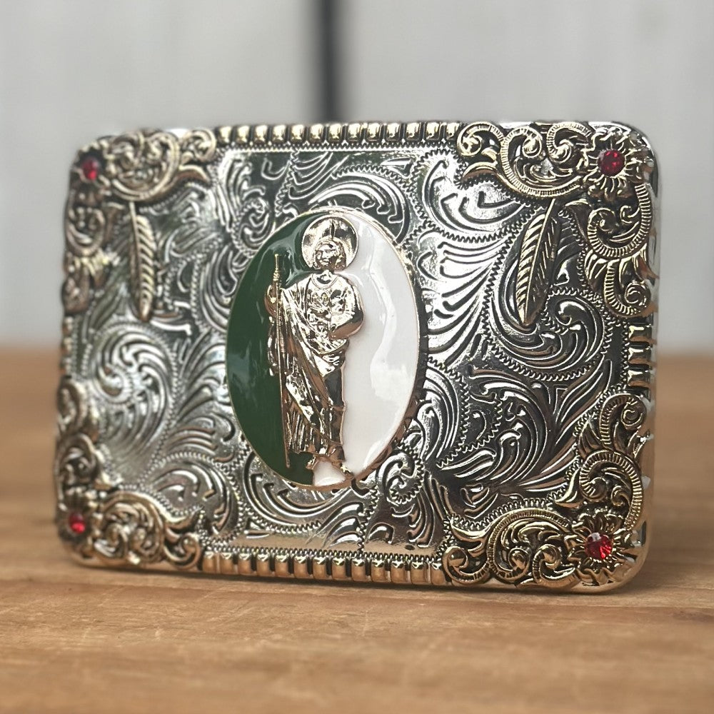 Hebilla Vaquera Plateada con San Judas en el Centro Verde y Blanco CB-04 - Hebillas Vaqueras para Hombre (3)