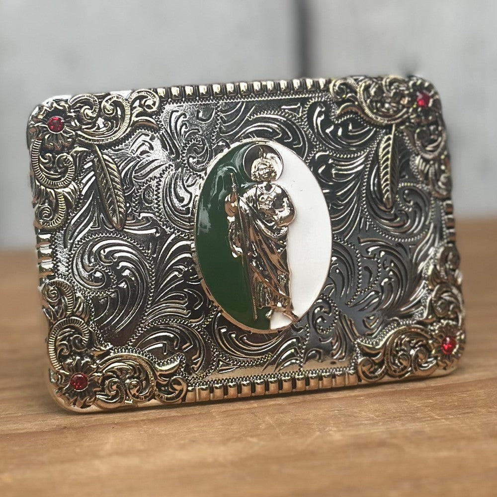 Hebilla Vaquera Plateada con San Judas en el Centro Verde y Blanco CB-04 - Hebillas Vaqueras para Hombre (2)