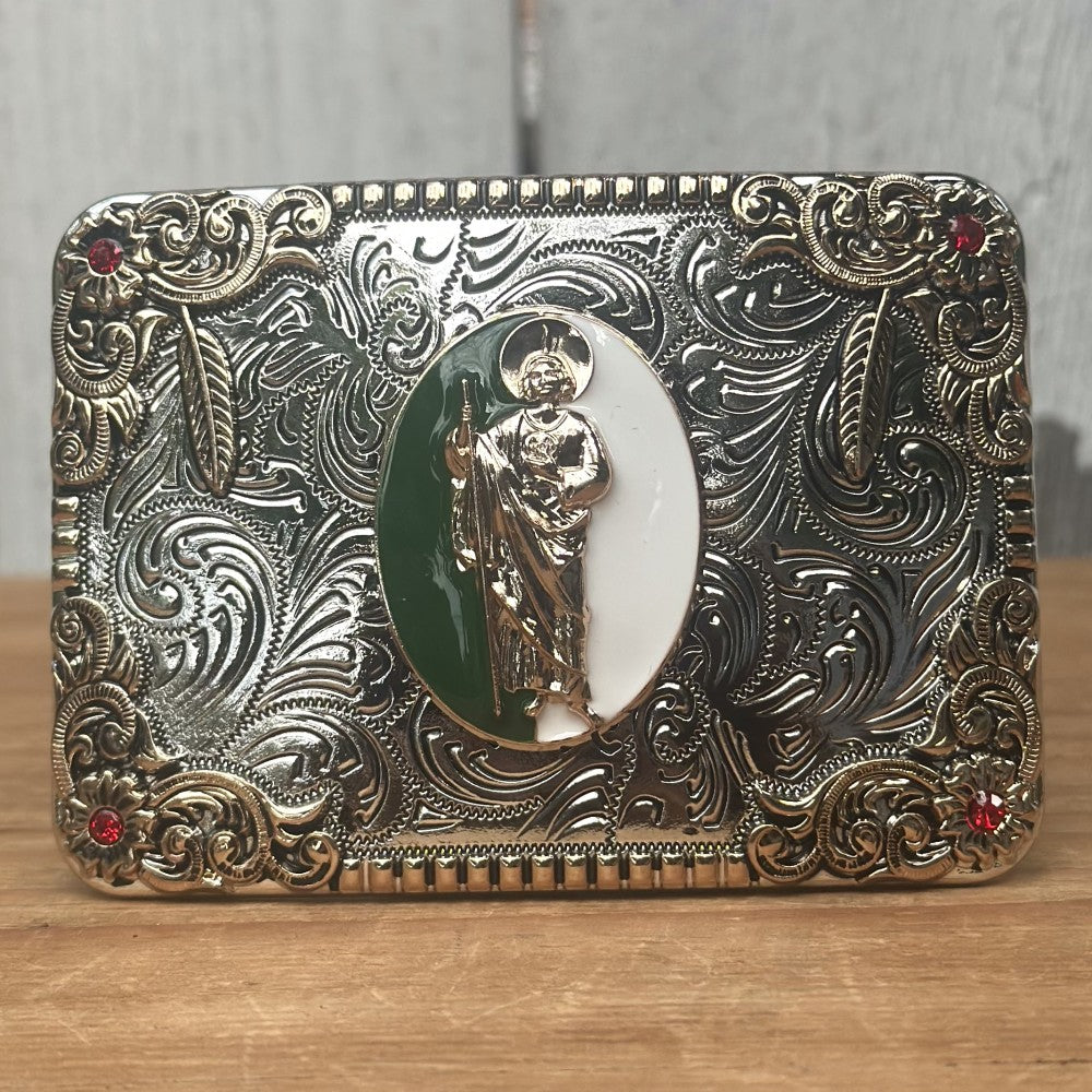 Hebilla Vaquera Plateada con San Judas en el Centro Verde y Blanco CB-04 - Hebillas Vaqueras para Hombre (4)