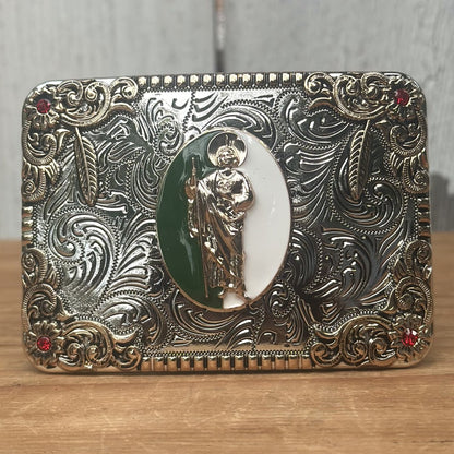 Hebilla Vaquera Plateada con San Judas en el Centro Verde y Blanco CB-04 - Hebillas Vaqueras para Hombre (4)