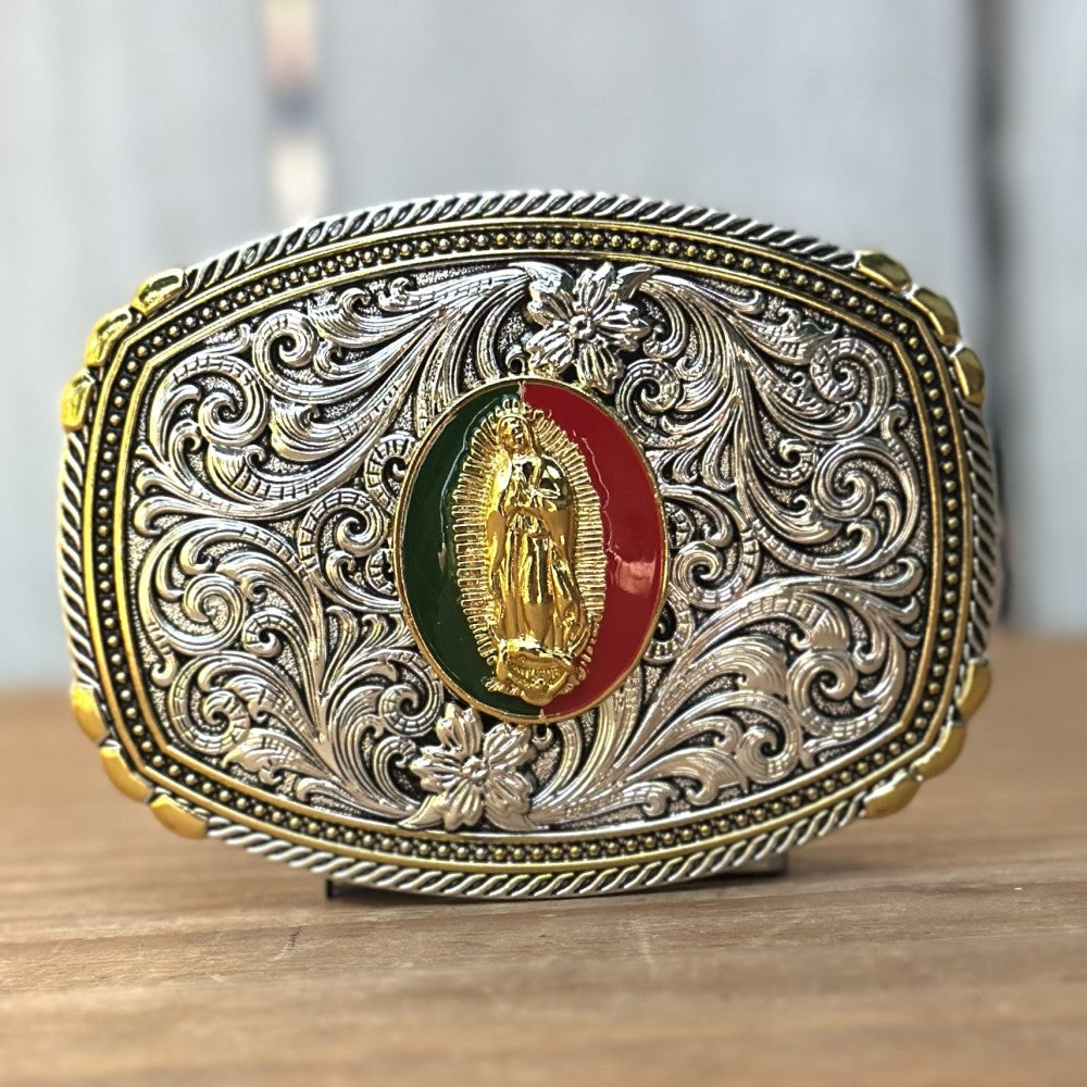 Hebilla Vaquera Dorada y Plateada con Virgen de Guadalupe - Hebillas Vaqueras para Hombre