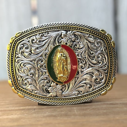 Hebilla Vaquera Dorada y Plateada con Virgen de Guadalupe - Hebillas Vaqueras para Hombre