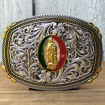 Hebilla Vaquera Dorada y Plateada con Virgen de Guadalupe - Hebillas Vaqueras para Hombre