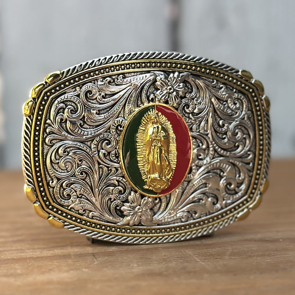 Hebilla Vaquera Dorada y Plateada con Virgen de Guadalupe - Hebillas Vaqueras para Hombre