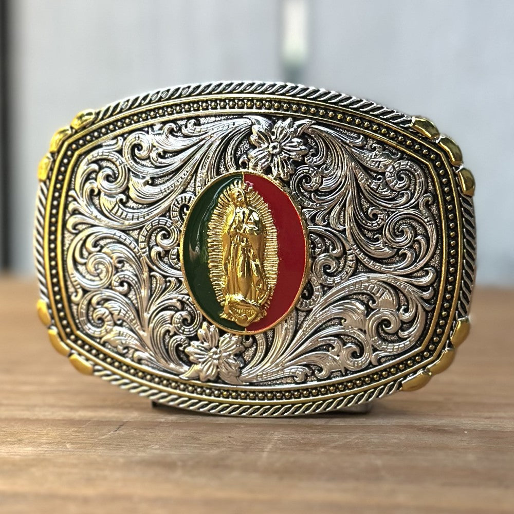 Hebilla Vaquera Dorada y Plateada con Virgen de Guadalupe - Hebillas Vaqueras para Hombre