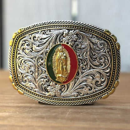 Hebilla Vaquera Dorada y Plateada con Virgen de Guadalupe - Hebillas Vaqueras para Hombre