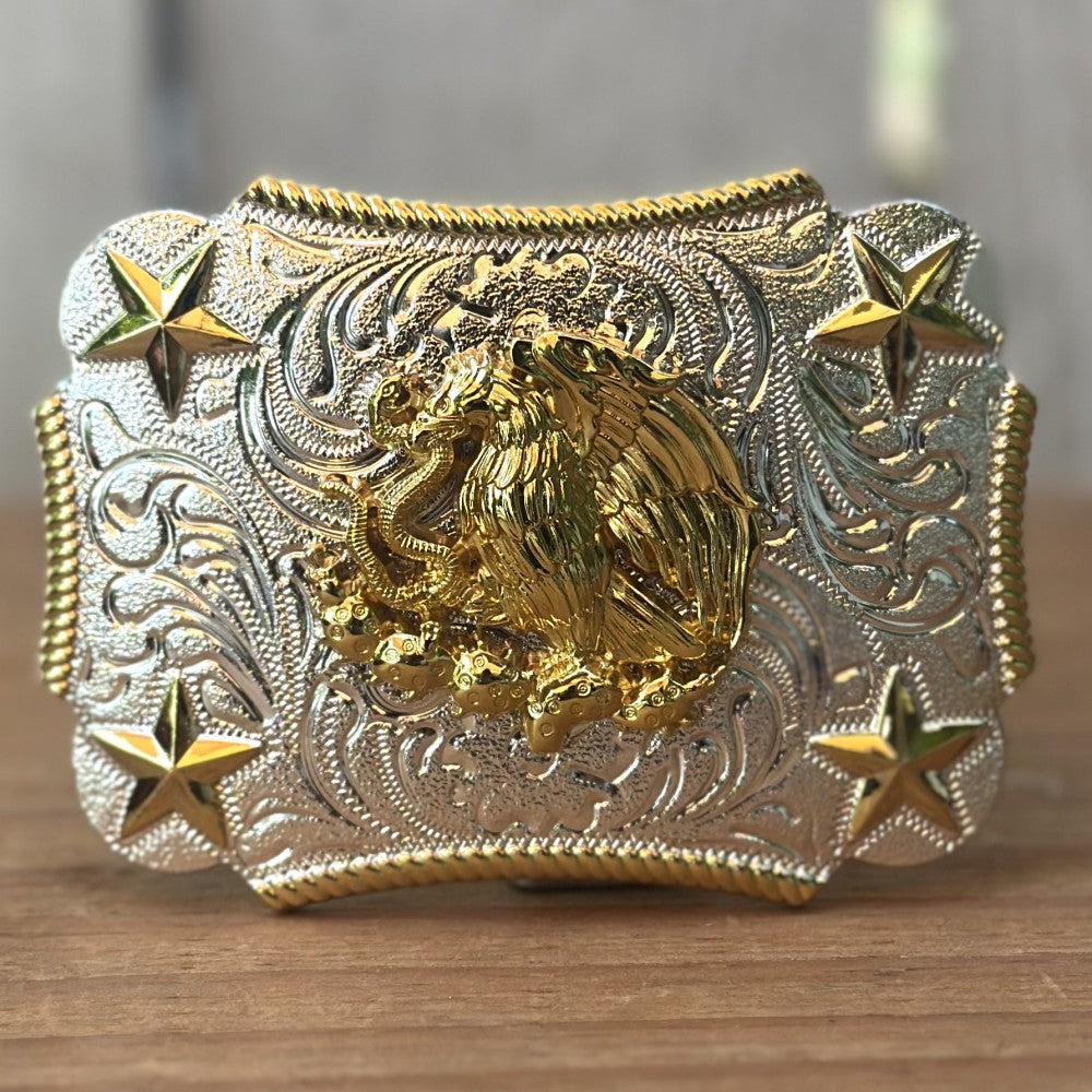 Hebilla Vaquera “La Hebilla Mexicana” Plateada y Dorada con Escudo Nacional en Relieve
