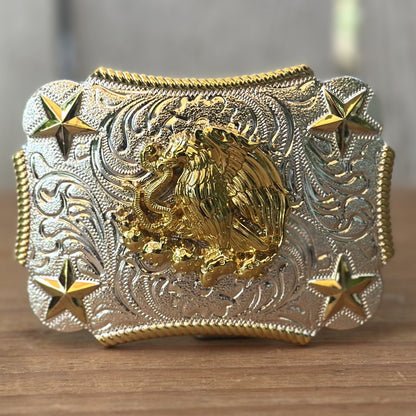 Hebilla Vaquera “La Hebilla Mexicana” Plateada y Dorada con Escudo Nacional en Relieve