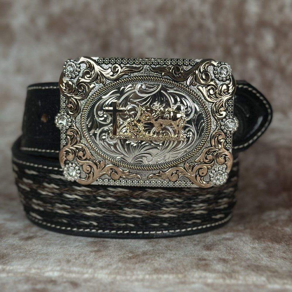 Hebilla Vaquera “Buen Pastor” Rectangular con Detalles Dorados y Plateados - Hebillas Vaqueras Mexicanas (2)