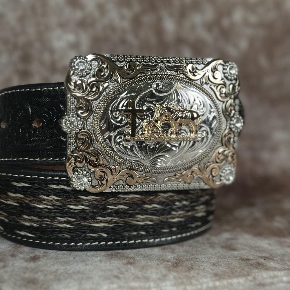 Hebilla Vaquera “Buen Pastor” Rectangular con Detalles Dorados y Plateados - Hebillas Vaqueras Mexicanas (5)