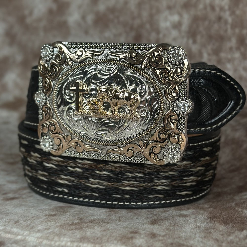 Hebilla Vaquera “Buen Pastor” Rectangular con Detalles Dorados y Plateados - Hebillas Vaqueras Mexicanas (4)