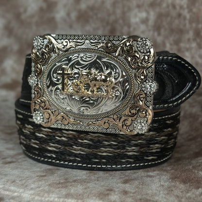 Hebilla Vaquera “Buen Pastor” Rectangular con Detalles Dorados y Plateados - Hebillas Vaqueras Mexicanas (4)