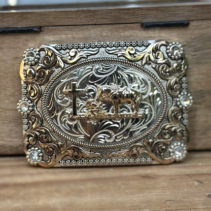 Hebilla Vaquera “Buen Pastor” Rectangular con Detalles Dorados y Plateados - Hebillas Vaqueras Mexicanas (3)