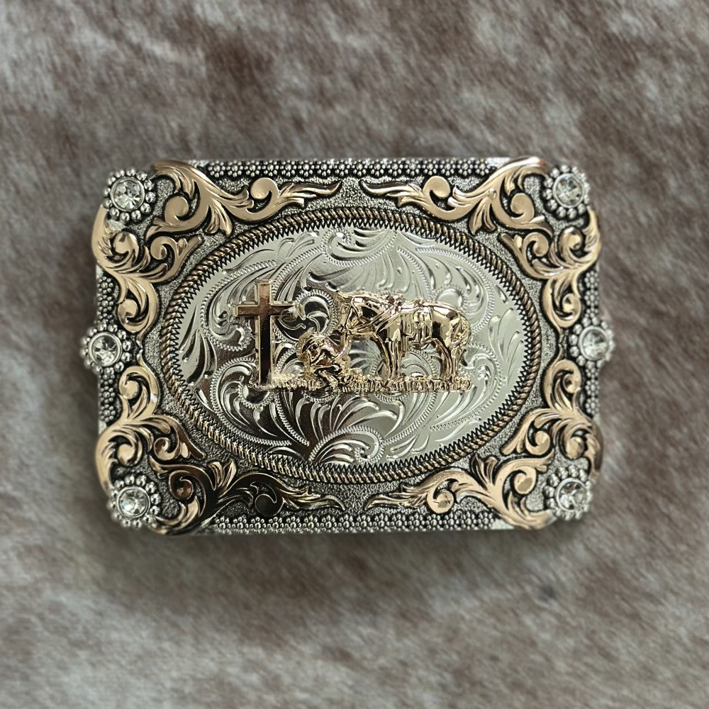 Hebilla Vaquera “Buen Pastor” Rectangular con Detalles Dorados y Plateados - Hebillas Vaqueras Mexicanas