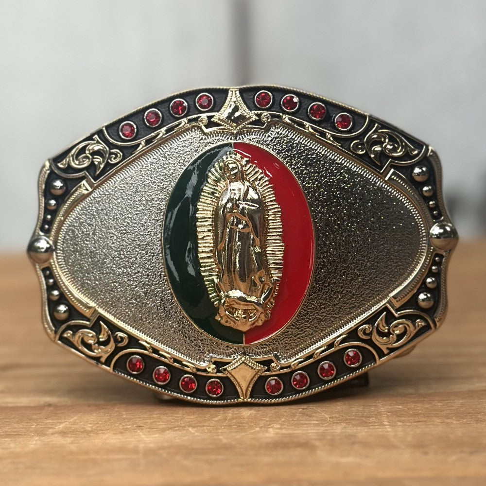 Hebilla Vaquera con Virgen de Guadalupe en Centro Verde y Rojo CB-06 - Hebillas Vaqueras para Hombre