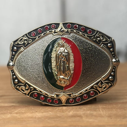 Hebilla Vaquera con Virgen de Guadalupe en Centro Verde y Rojo CB-06 - Hebillas Vaqueras para Hombre