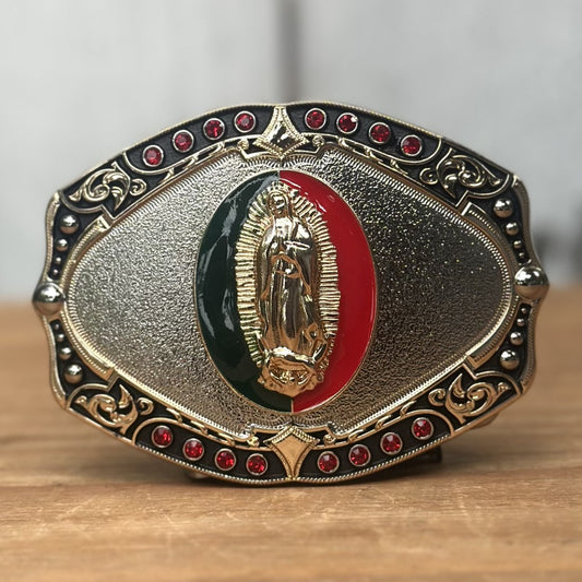 Hebilla Vaquera con Virgen de Guadalupe en Centro Verde y Rojo CB-06 - Hebillas Vaqueras para Hombre