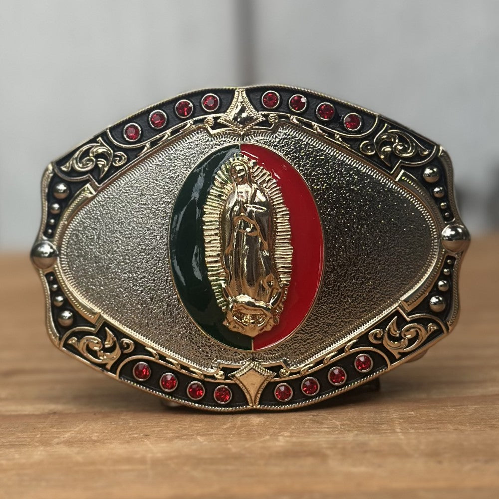Hebilla Vaquera con Virgen de Guadalupe en Centro Verde y Rojo CB-06 - Hebillas Vaqueras para Hombre (4)