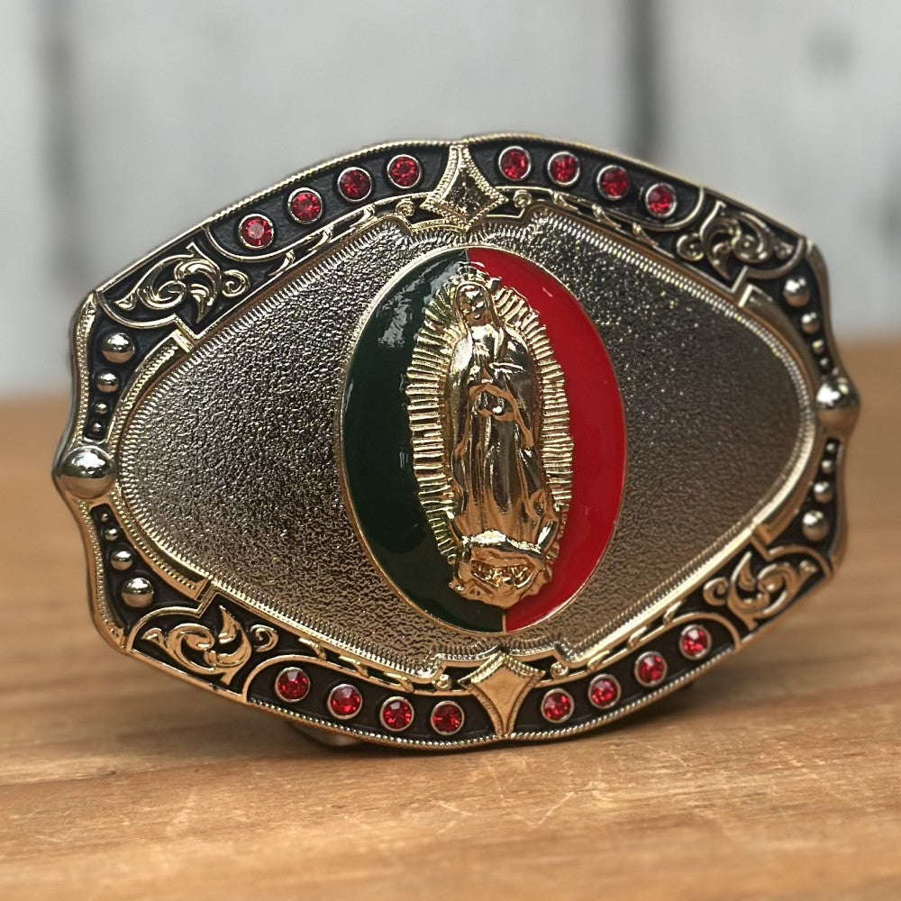 Hebilla Vaquera con Virgen de Guadalupe en Centro Verde y Rojo CB-06 - Hebillas Vaqueras para Hombre (3)
