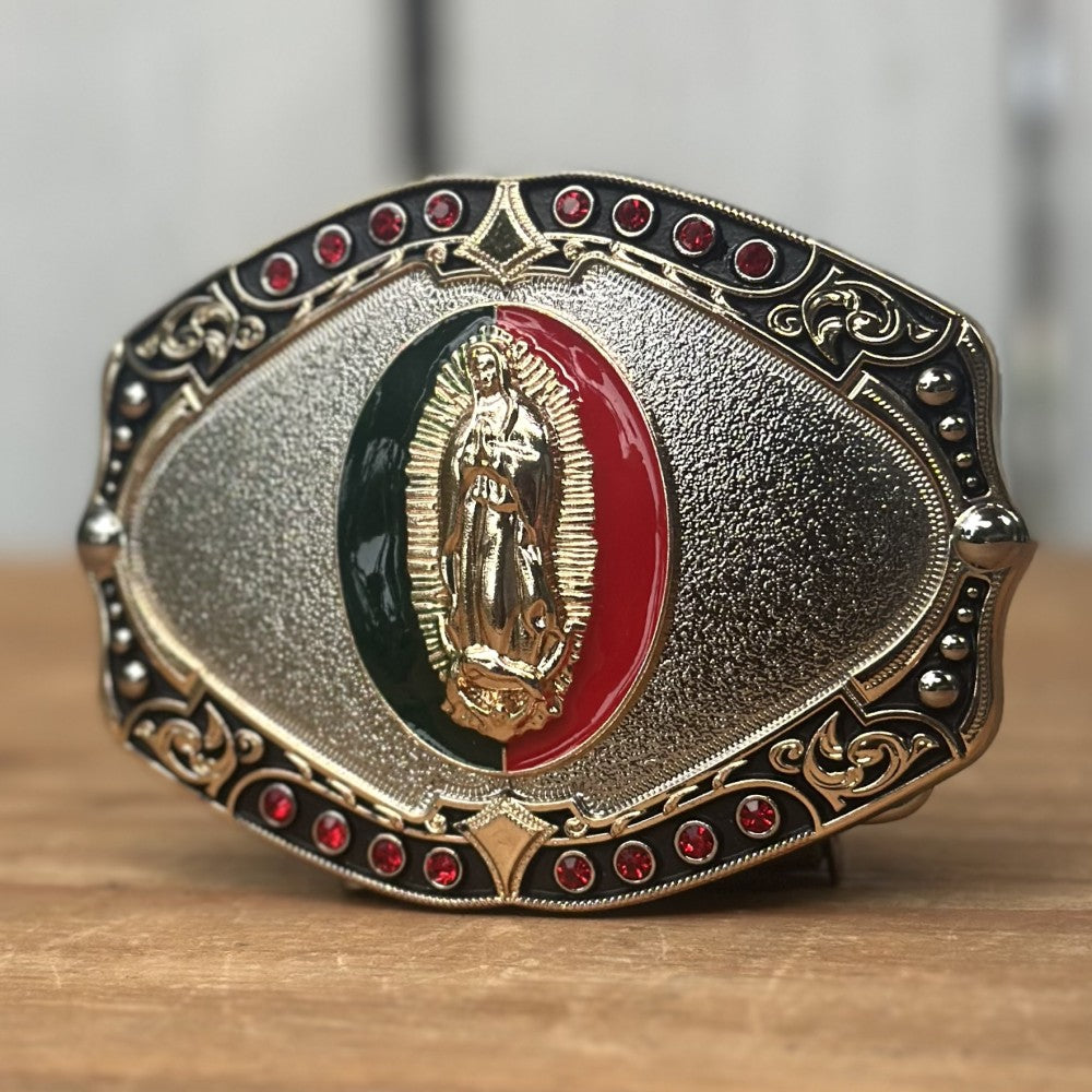 Hebilla Vaquera con Virgen de Guadalupe en Centro Verde y Rojo CB-06 - Hebillas Vaqueras para Hombre (2)