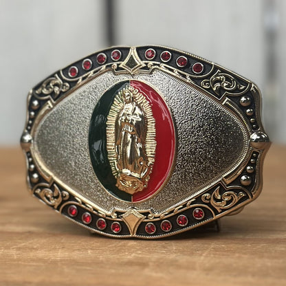 Hebilla Vaquera con Virgen de Guadalupe en Centro Verde y Rojo CB-06 - Hebillas Vaqueras para Hombre (2)