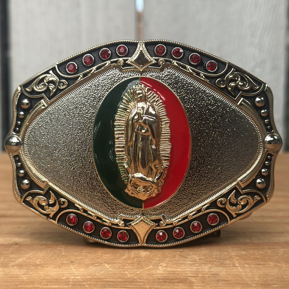 Hebilla Vaquera con Virgen de Guadalupe en Centro Verde y Rojo CB-06 - Hebillas Vaqueras para Hombre (5)