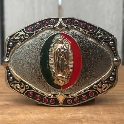 Hebilla Vaquera con Virgen de Guadalupe en Centro Verde y Rojo CB-06 - Hebillas Vaqueras para Hombre (5)