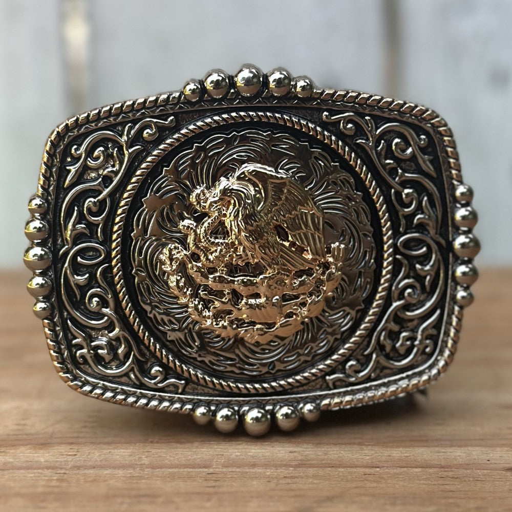 Hebilla Vaquera “Aguila Dorada Mexicana” Plateada y Dorada con Escudo Nacional en Relieve