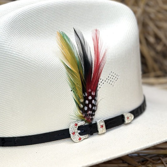 Pluma Decorativa en Rojo, Verde, Amarillo y Negro para Sombrero Vaquero