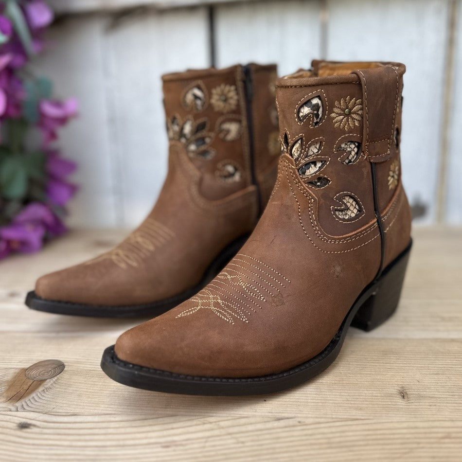 SB-403 Tan Botin Vaquero - Botines Vaqueros de Nobuck para Mujer